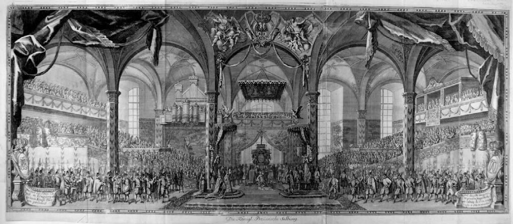 Миропомазание Фридриха I в Замковой кирхе Кёнигсберга, гравюра 1712 года